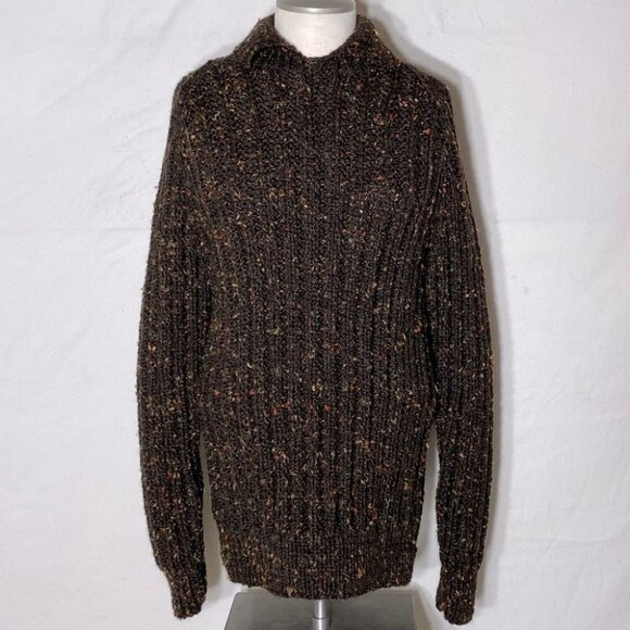 Vintage Hand Knit Brown Autumn Confetti Knit Sweater with Collar XL - Picture 1 of 10